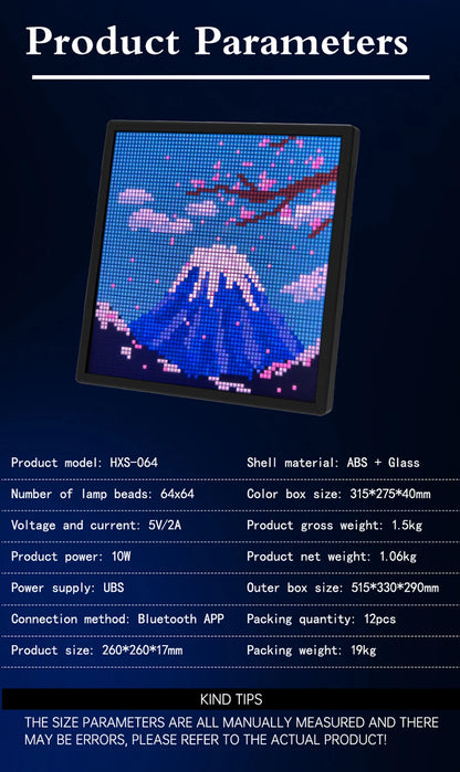 LED Pixel Matrix Bluetooth Smart Display 64x64 RGB Digital Lamp Panel DIY Art Display Gaming Anime Room Decor Frame APP Control